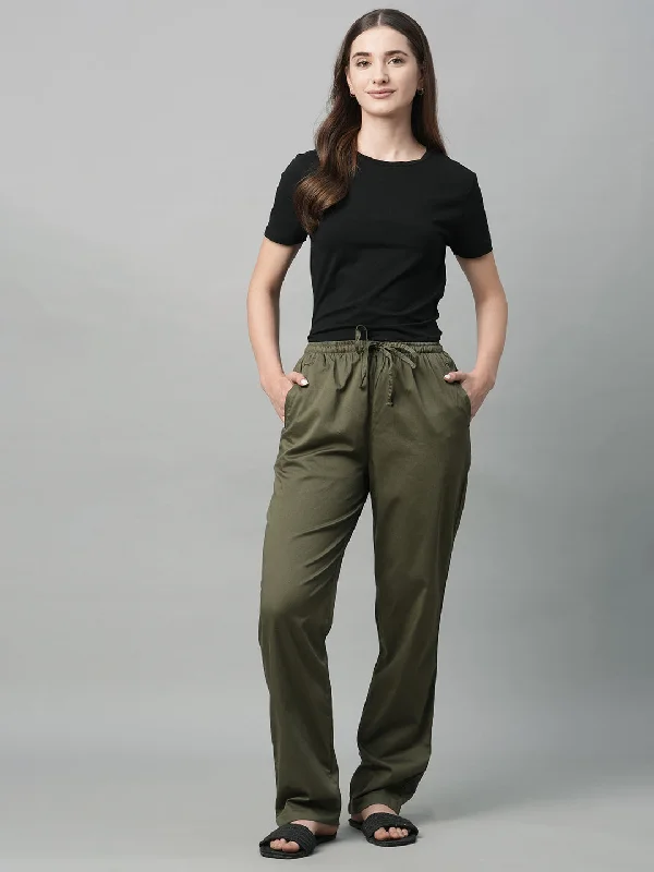 Women's Olive Cotton Elastane Regular Fit Pant Elegant Trouser Pants