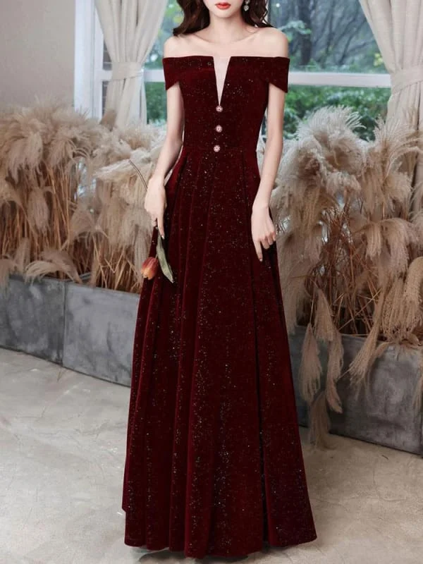 Burgundy Evening Dress A-Line Bateau Neck Short Sleeve Lace Up Buttons Korean Velvet Floor Length Formal Party Dresses Off-the-shoulder Bohemian Festive