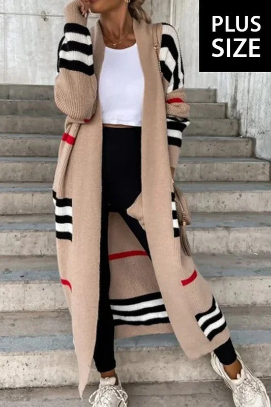 PLUS SIZE STRIPED PATCHWORK LONG CARDIGAN Spandex Rayon Corduroy