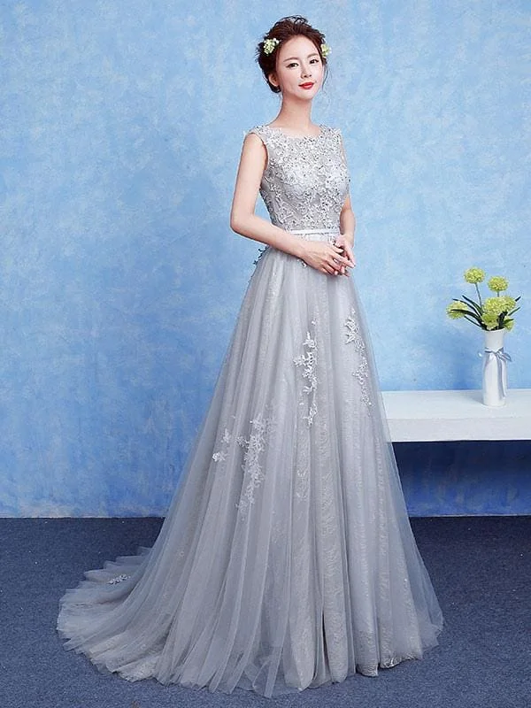 Silver Prom Dress Tulle Backless Party Dress Lace Applique A Line Occasion Dress With Train Tunics Winter warm