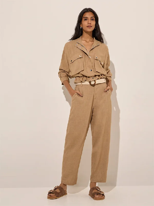 LOV Taupe Linen-Blend High-Rise Pants Relaxed Fit Trousers