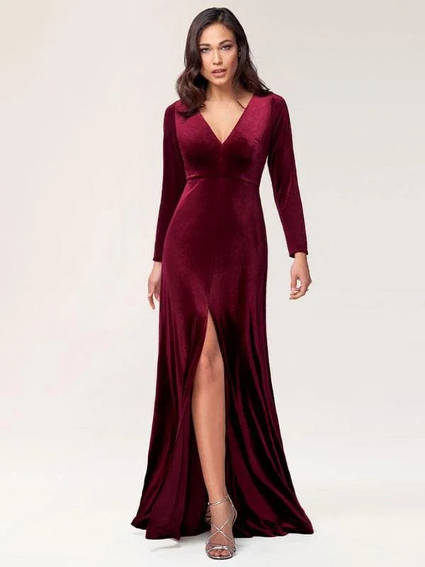 Burgundy Evening Dress Sheath Long Sleeve V-Neck Velour Social Party Dresses sweetheart Neckline Romantic