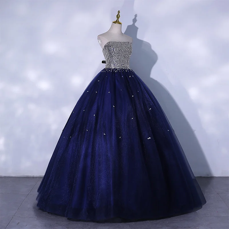 Blue Sequins and Beaded Ball Gown Tulle Lace-up Formal Dresses,Blue Evening Dresses Party Dresses Glittery Long Formal