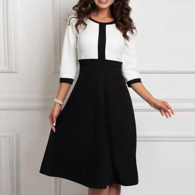 Women Elegant Patchwork Black and White Party Dress Autumn Plus Size Dresses Tunics Essential wardrobe