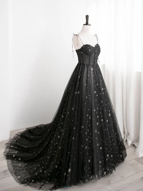 Black Sweetheart Tulle Straps Long Formal Dresses, Black Evening Party Dresses Tunics Versatile functional