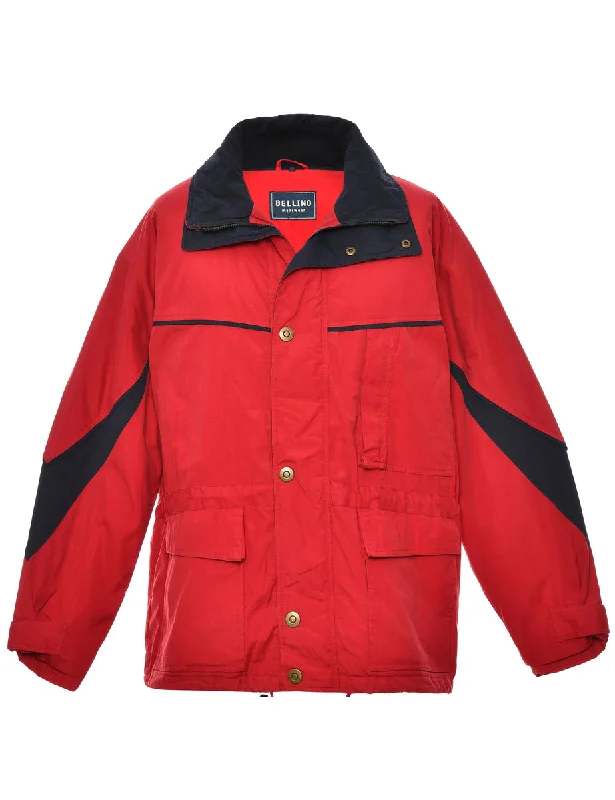 Button Front Red & Navy Ski Jacket - L Herringbone Jacket Houndstooth Jacket Plaid Jacket