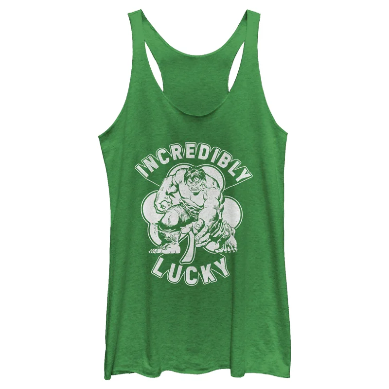 Women's Marvel St. Patrick's Day Hulk Incredibly Lucky Clover Racerback Tank Top white tank top