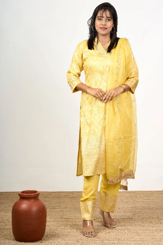Women’s Pant Suit Set in Yellow Art Silk with Embroidered Neckline and Dupatta Warm Wool Trousers