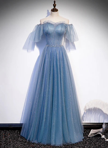 Charming light blue sheer bubble sleeves and floor to floor party dress, blue A-line strapless long evening dress Tunics Hiking breathable