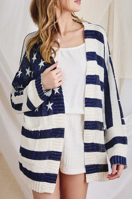 AMERICAN FLAG PRINT SWEATER CARDIGAN Lace Blend Ribbed Blend Corduroy Blend