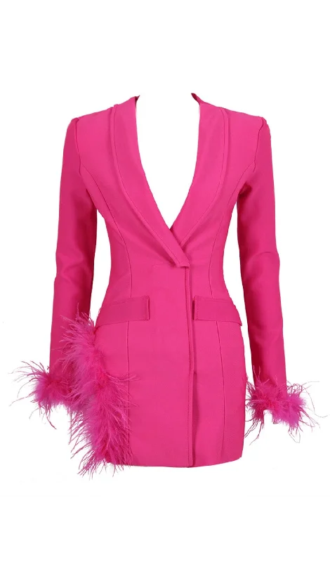 CINESSD FEATHER JACKET DRESS IN HYPER PINK Nylon Fabric Polyester Fabric Spandex Fabric