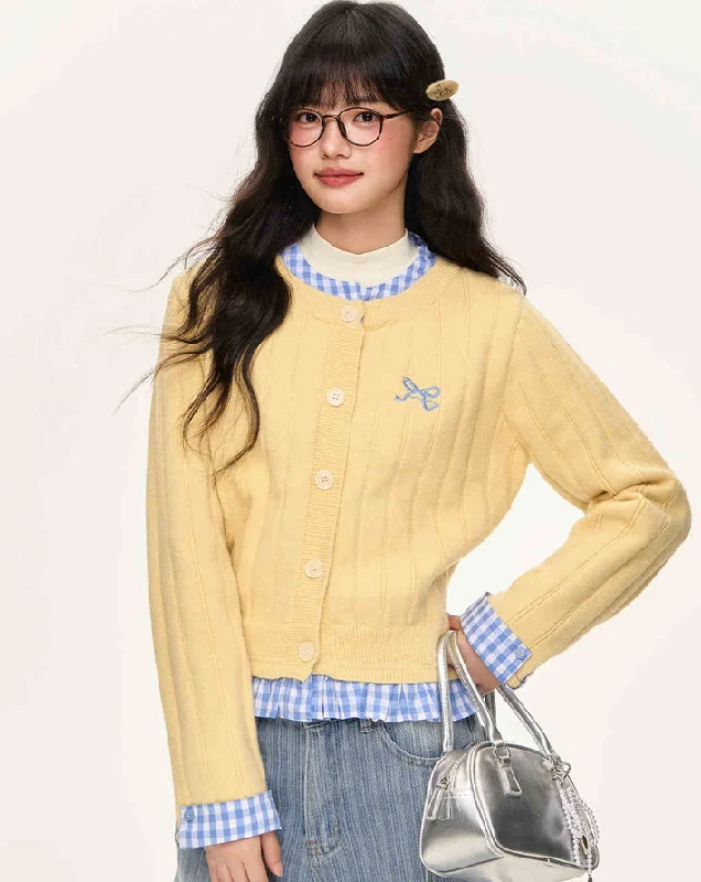 Checkered Inner Docking Ribbon Embroidery Girly Cardigan NTO0141 Handmade Hand-knitted Hand-woven