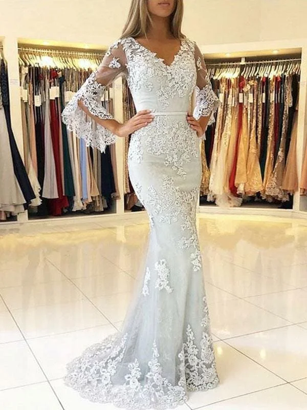 Lace Evening Dress Ivory V Neck Long Sleeve Floor Length Formal Dress Mermaid Party Dresses Tunics Distressed trendy