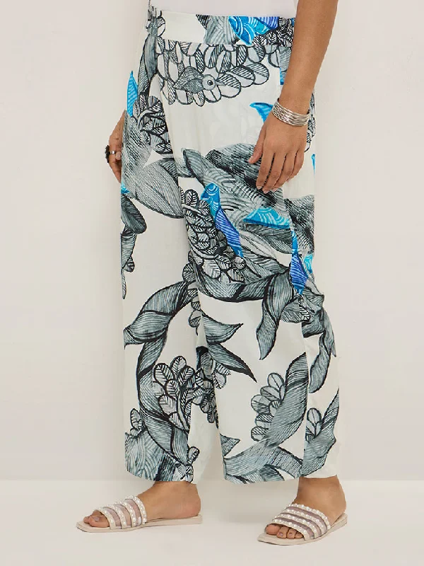 Diza White Gond Printed Ethnic Pants Fashionable Button-Up Pants