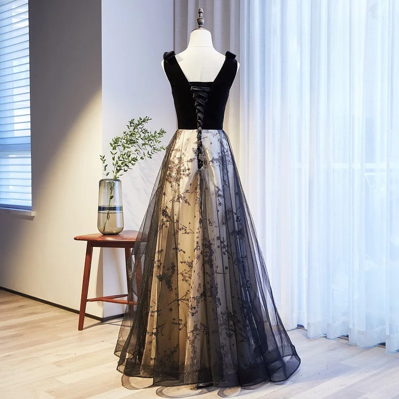 V-neckline Black Tulle with Velvet Top Long Evening Dresses Party Dresses, A-line Wedding Party Dresses A-Line Day Work