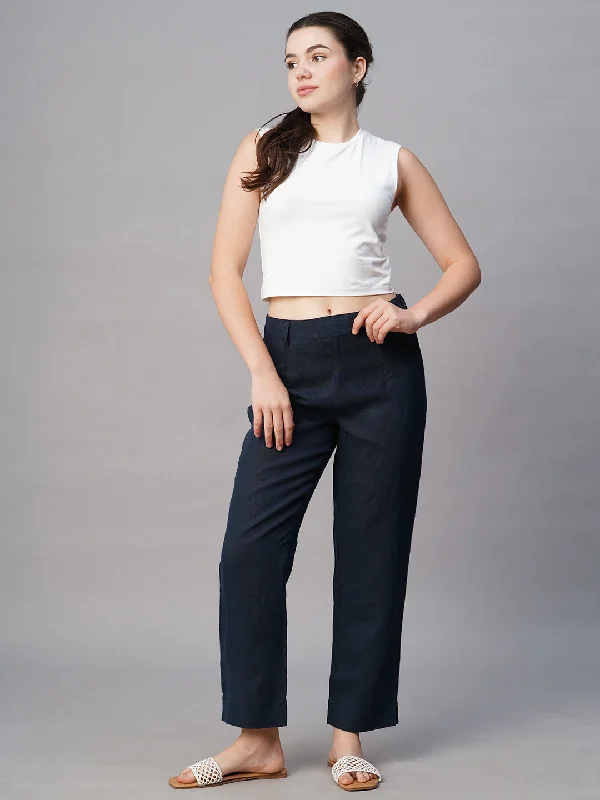 Women's Navy Linen Regular Fit Pant Formal Stretch Pants