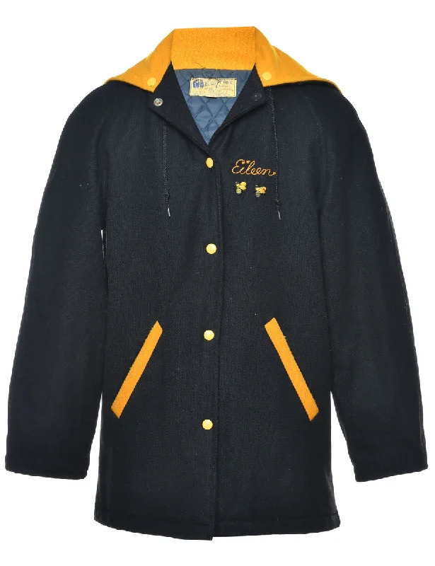 Black & Yellow Sailor Collar Varsity Jacket - M Faux Fur Fabric Real Fur Fabric Shearling Fabric