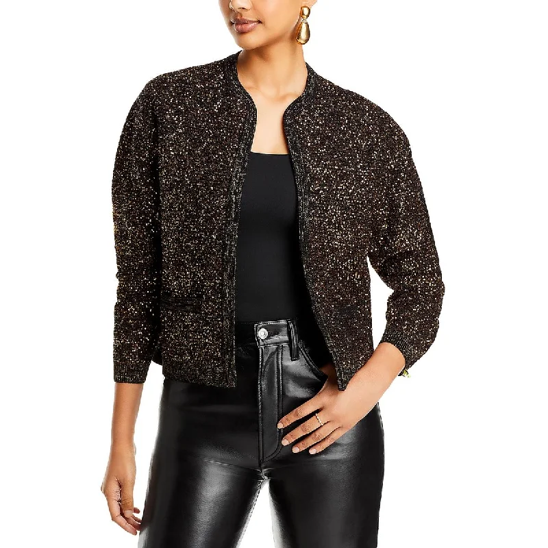 Kobi Halperin Womens Penelope Metallic Sequined Cardigan Sweater Faux Fur Fabric Real Fur Fabric Shearling Fabric