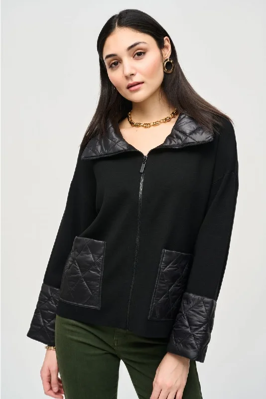 Joseph Ribkoff Black Quilted Zip Front Knit Jacket 243933 Wool Fabric Cashmere Fabric Tweed Fabric