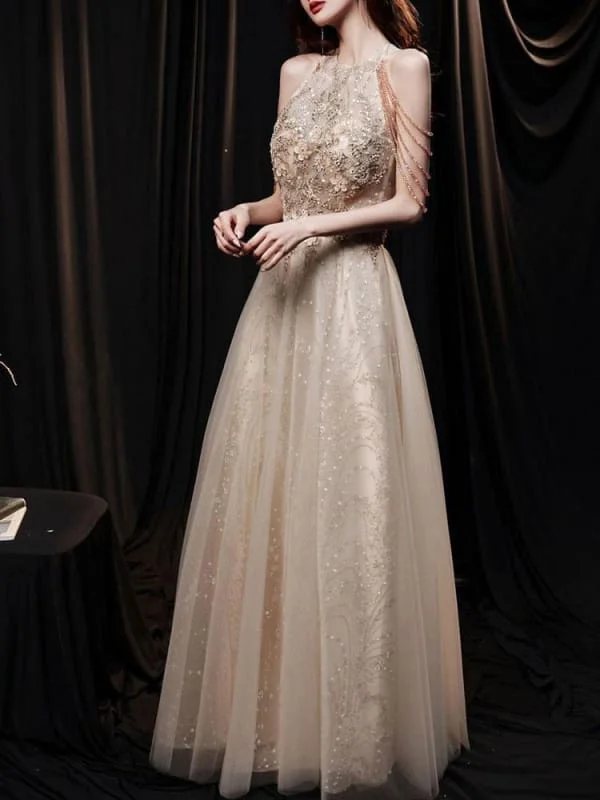 Light Blond Evening Dress A-Line Jewel Neck Sleeveless Lace-Up Chains Sequined Floor Length Formal Party Dresses Tunics Corduroy durable