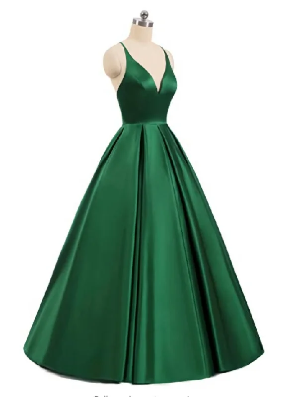 Charming Satin Cross Back Deep V-neckline Long Party Dresses, Floor Length Evening Dresses Tunics Top Casual