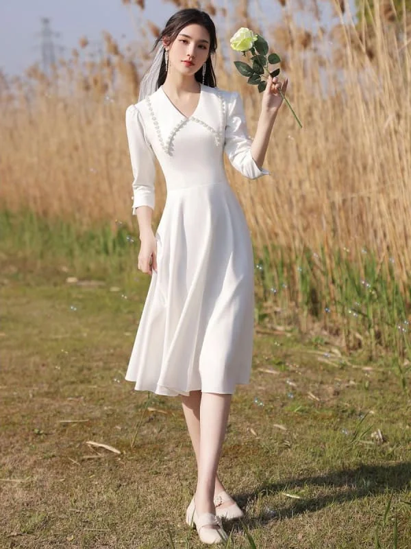 Eric White Evening Dress A-Line Designed Neckline Stretch Crepe Tea-Length Social Party Dresses Tunics Solid Classic