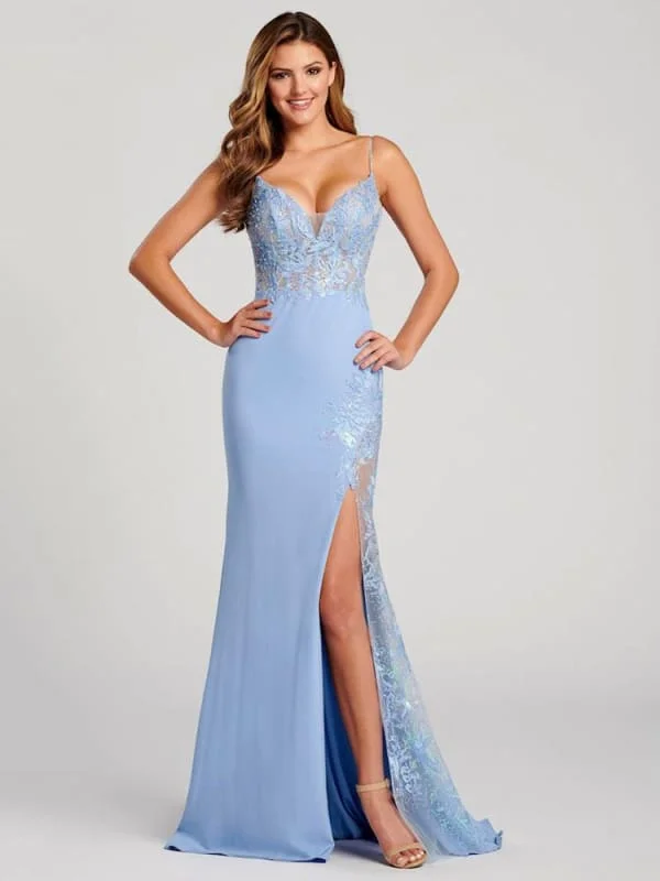 Evening Dress Ball Gown V-Neck Backless Polyester Floor-Length Applique Light Sky Blue Formal Party Dresses Pleated Skirt Elegant