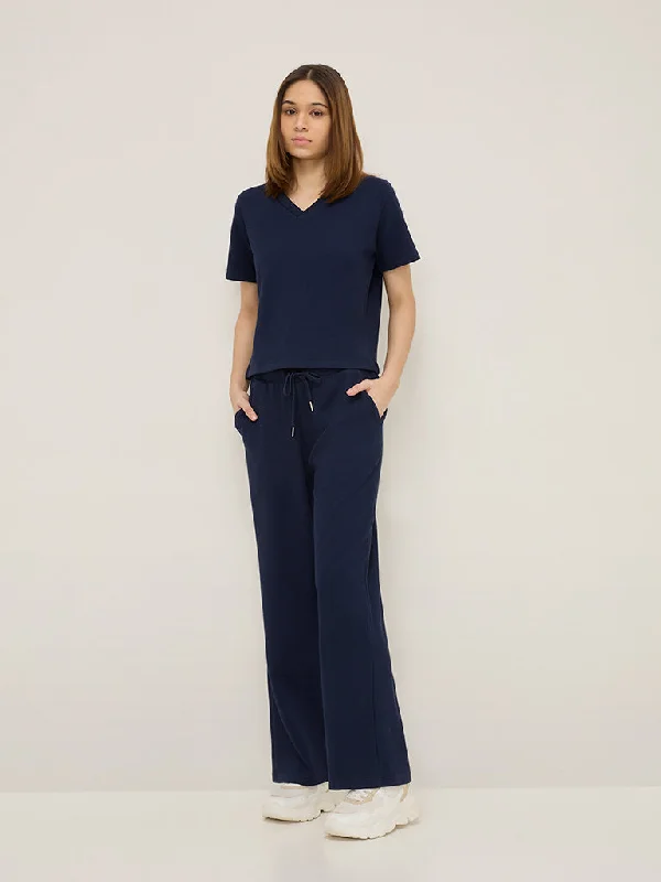 Studiofit Navy Seersucker High-Rise Track Pants Casual Yoga Pants
