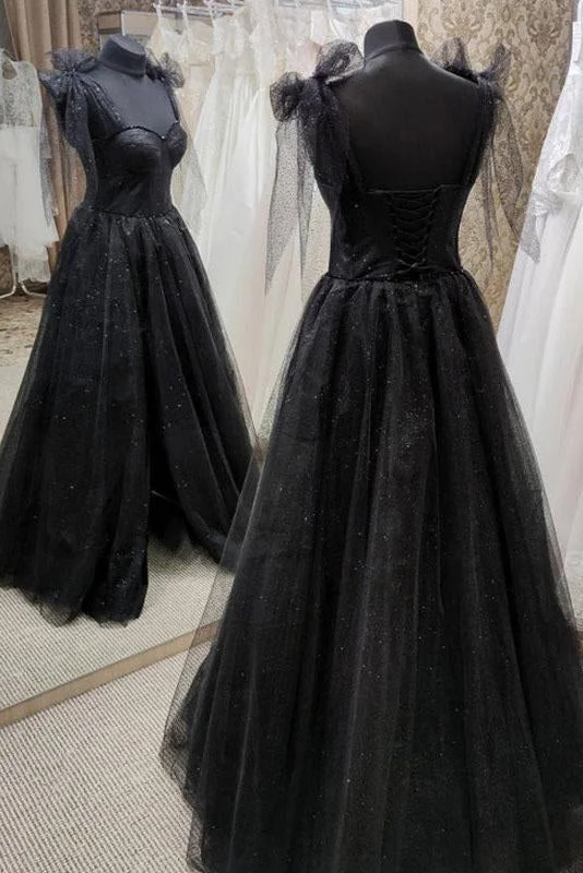 Black Tulle Floor Length Long Party Dresses with Slit, Black Evening Dresses Tunics Review highly