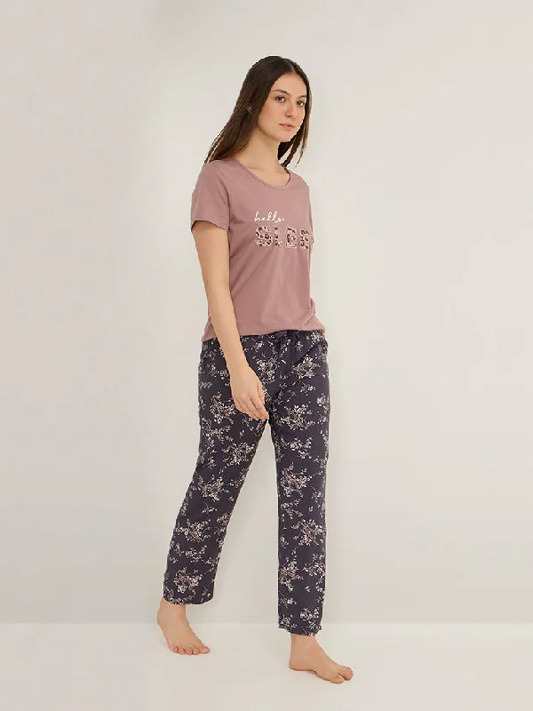 Wunderlove Dark Blue Botanical Print High-Rise Lounge Pants Fashionable Work Pants
