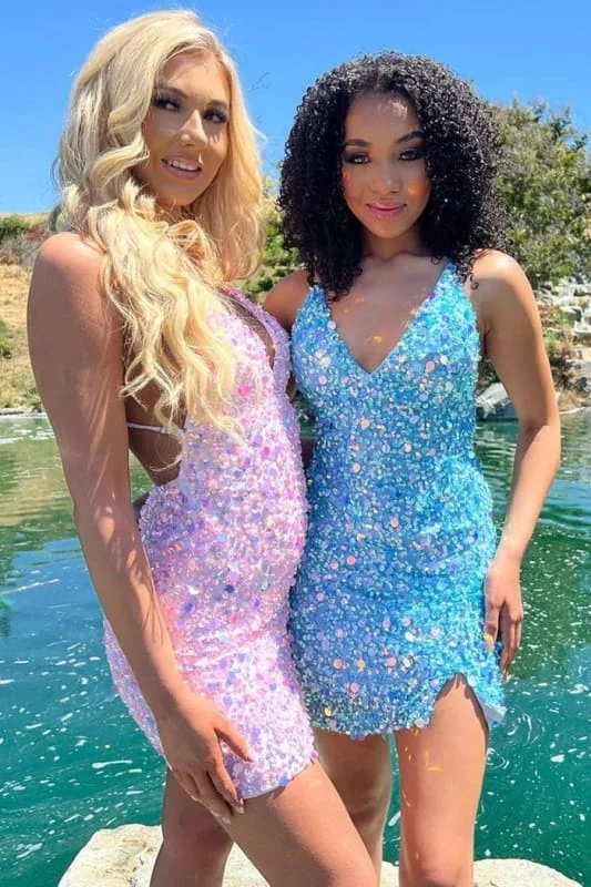 Sexy Sequins Short Party Dress Backless Homecoming Dress with Side Split Tunics Office stylish