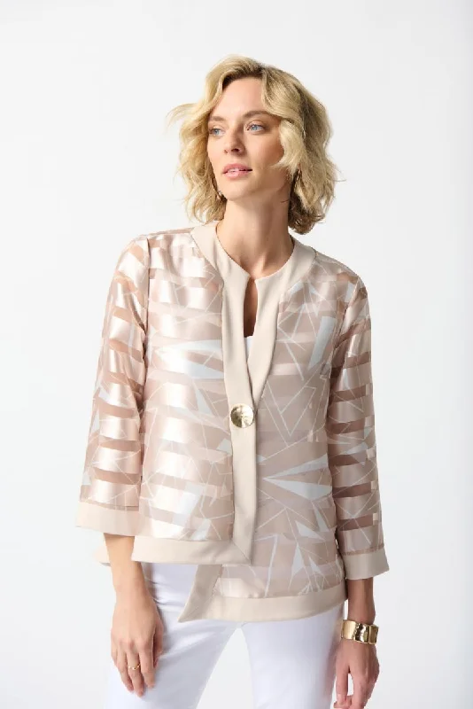 Joseph Ribkoff Beige/Off-White Striped Satin Sheer 3/4 Sleeve Swing Jacket 242170 Elasticated Jacket Padded Jacket Insulated Jacket