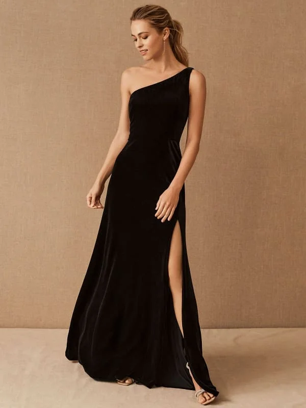 Black Evening Dress A-Line One-Shoulder Velour Floor-Length Split Front Social Party Dresses Boat Neckline Classic