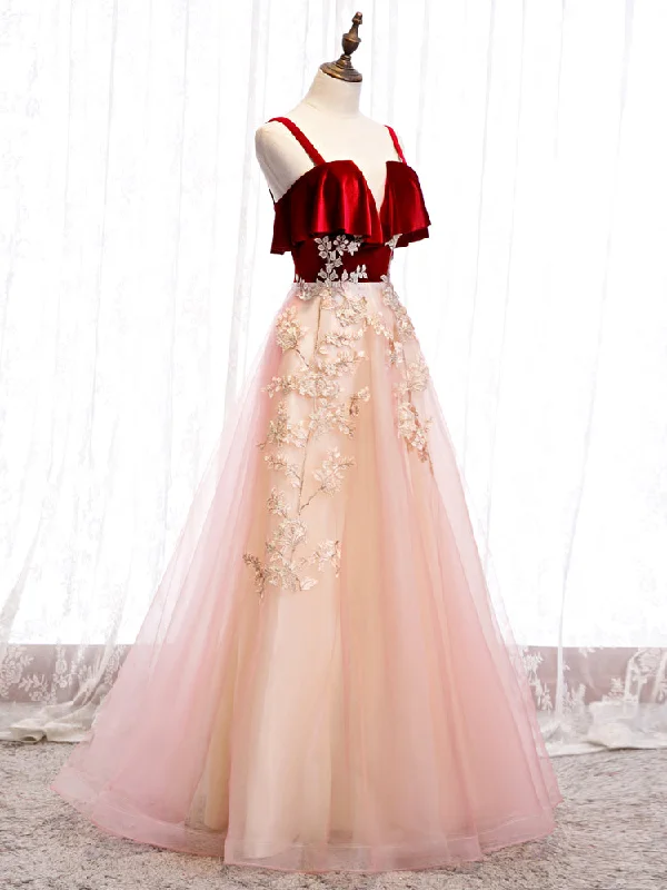 Cute Straps Velvet and Tulle Long Party Dresses, A-line Evening Gown Tunics Solid Classic