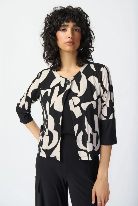 Joseph Ribkoff Black/Moonstone Geometric Print Cropped Swing Jacket 241223 Faux Fur Jacket Real Fur Jacket Shearling Jacket