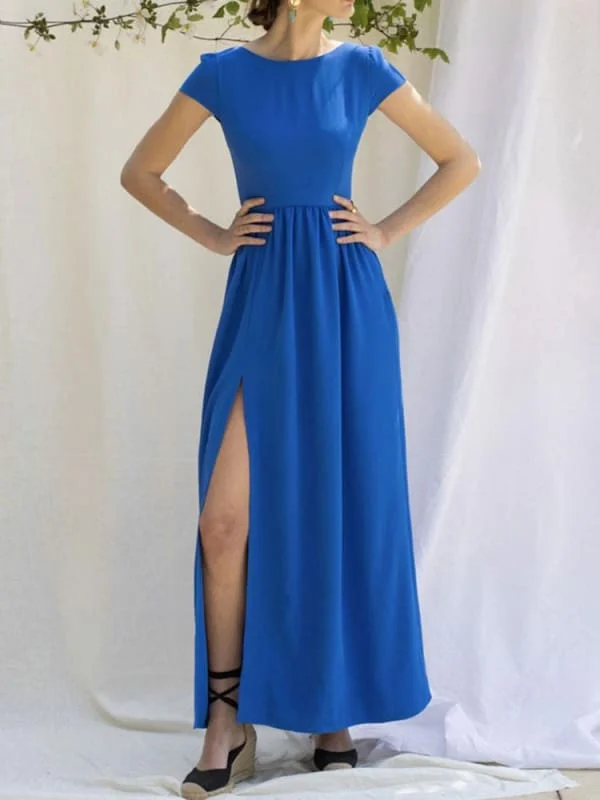 Evening Dress Royal Blue A-Line Jewel Neck Ankle-Length Short Sleeves Backless Split Front Stretch Crepe Social Party Dresses Tunics Short Trendy