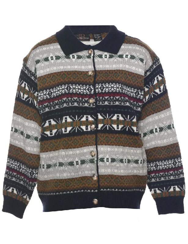 Button Front Nordic Cardigan - S Front Pockets Side Pockets Patch Pockets