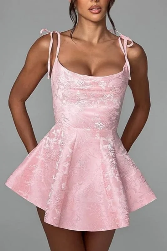 Spaghetti Straps Satin Mini Party Dress Jacquard Homecoming Dress Sleeveless Tunics Chinos classic