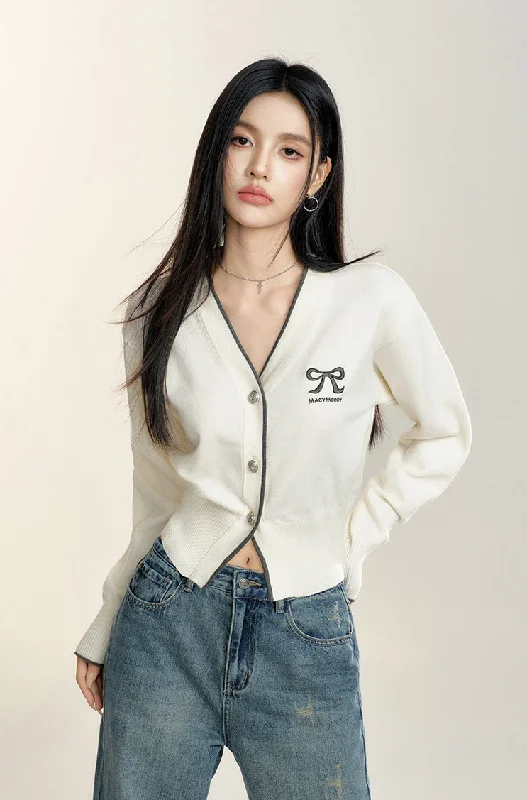 V-neck Bow Knitted Short Cardigan MAC0082 Layered Multi-layer Single Layer