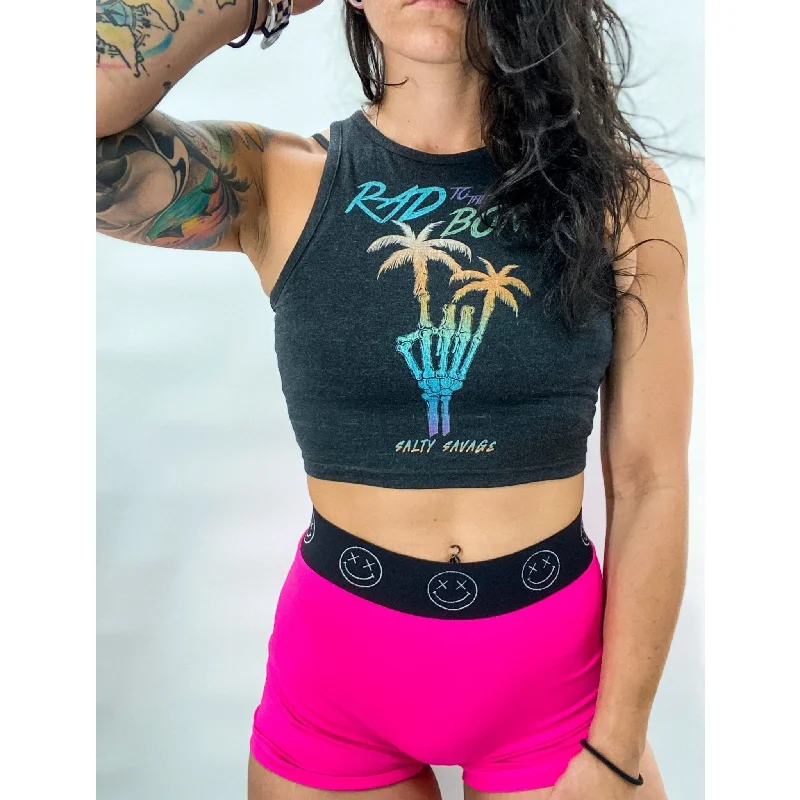 Salty Savage Ladies "RAD TO THE BONE" Rock On Skull High Neck Sleeveless Crop Tank | Charcoal Gray long tank top
