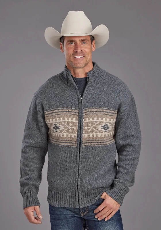 Stetson Mens Serape Border Grey Cotton Blend Cardigan Sweater Slim Fit Regular Fit Oversized