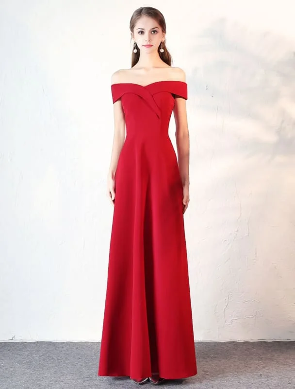 Evening Dresses Burgundy Off The Shoulder Prom Dress Satin Floor Length Formal Party Dress Wedding Guest Dress Turtleneck Neckline Stylish