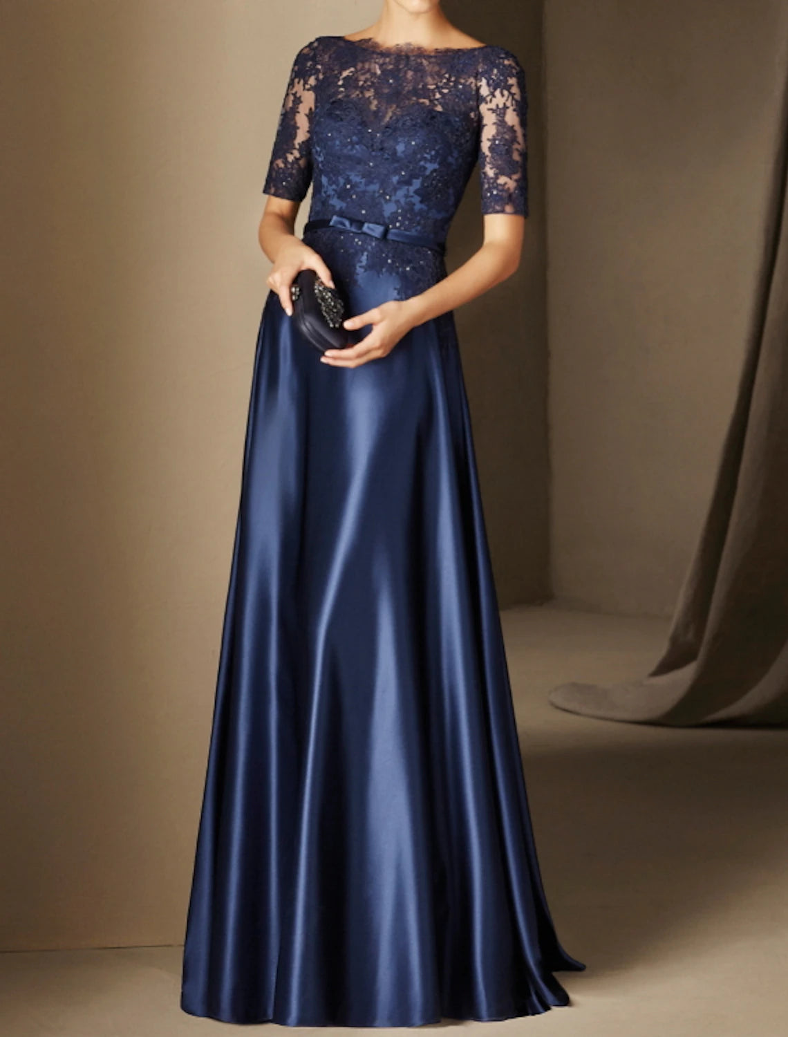 A-Line Party Dress Elegant Floral Wedding Guest Formal Evening Dress Illusion Neck Half Sleeve Floor Length Lace with Lace Insert Appliques Tunics Chinos classic