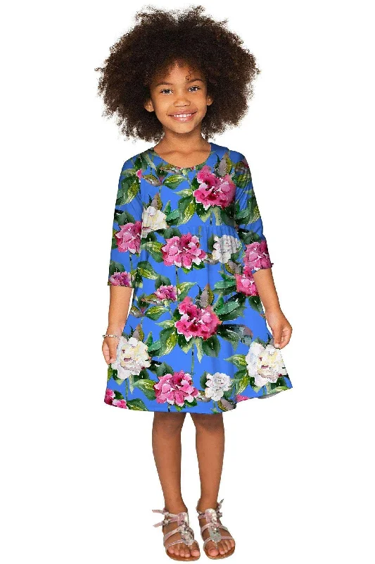 Aquarelle Gloria Fit & Flare Blue Floral Party Dress - Girls Tunics Custom made