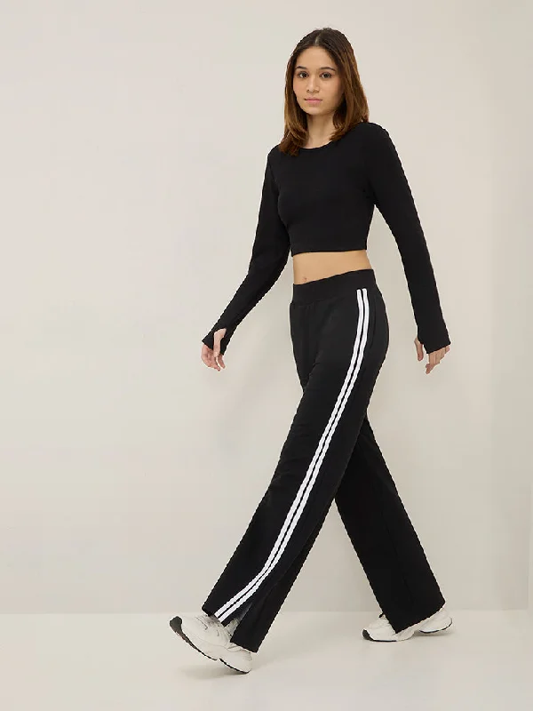 Studiofit Black Striped High-Rise Cotton-Blend Track Pants Trendy Palazzo Pants