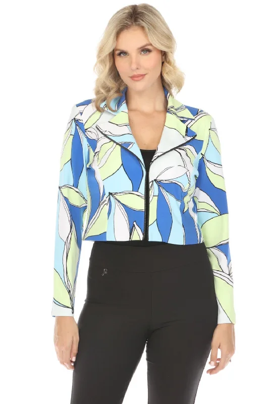 Joseph Ribkoff Vanilla/Multi Leaf Print Moto Jacket 242092 Faux Fur Jacket Real Fur Jacket Shearling Jacket