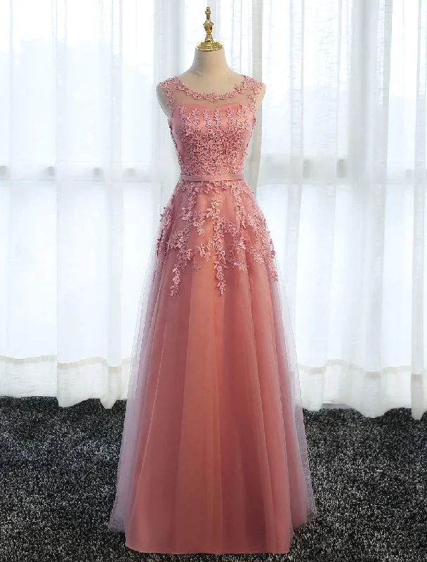 Glamorous Long Evening Dresses Lace Cameo Pink Party Dresses A Line Applique Tulle Maxi Formal Dresses Halter Neckline Beach