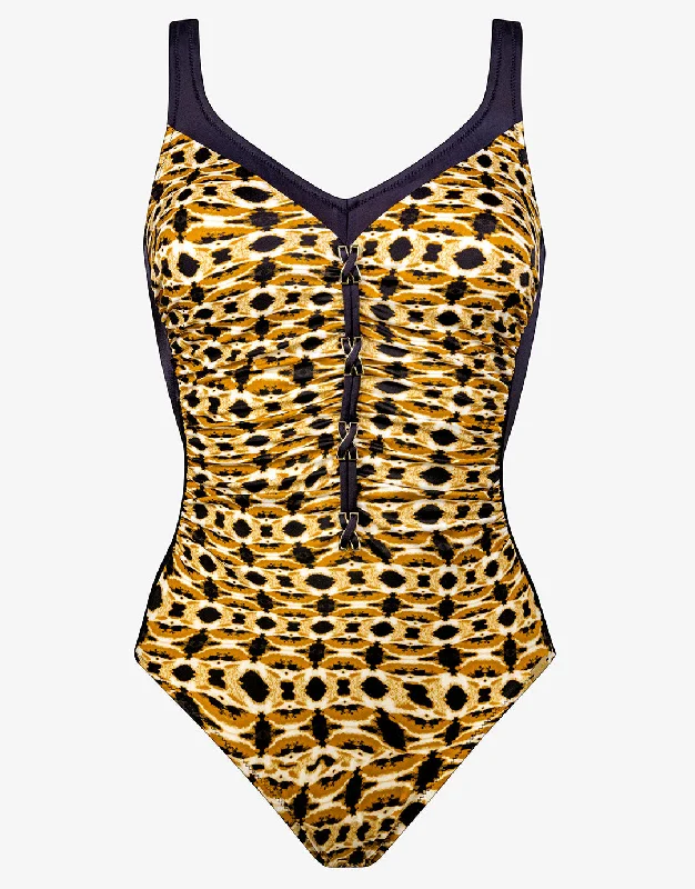 Animal Accents Moulded Swimsuit - Black Tabac Plunge Back Swimsuit