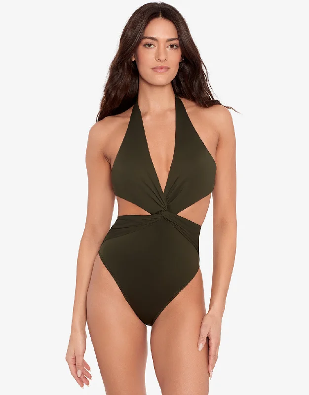 Beach Club Solids Cut Out Halter Swimsuit - Olive Sexy Monokini Swimsuit