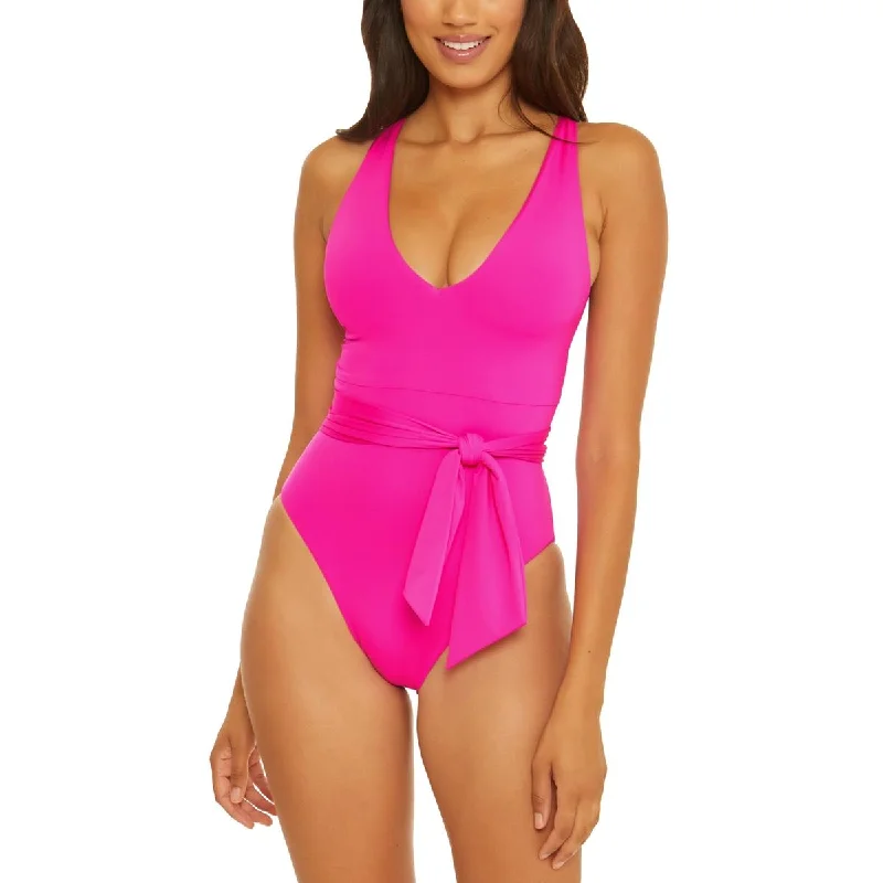 Becca by Rebecca Virtue Womens Solid Belted One-Piece Swimsuit Vintage Swimwear Look